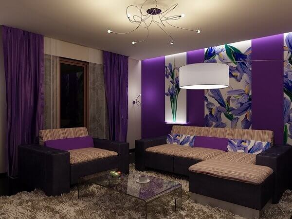 wallpaper ruang tamu motif bunga ungu